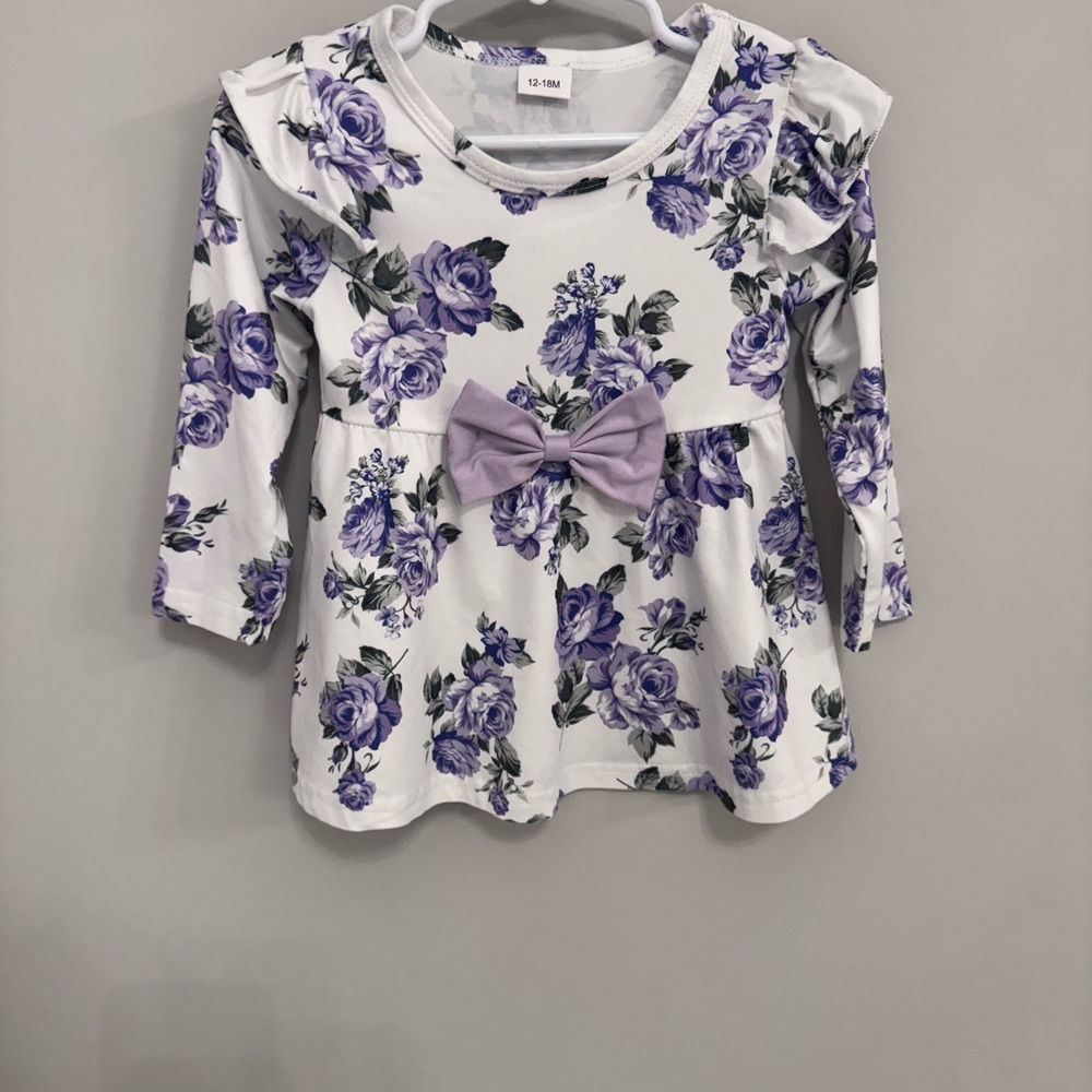 Floral baby Girl Top with Bow - Purple and White